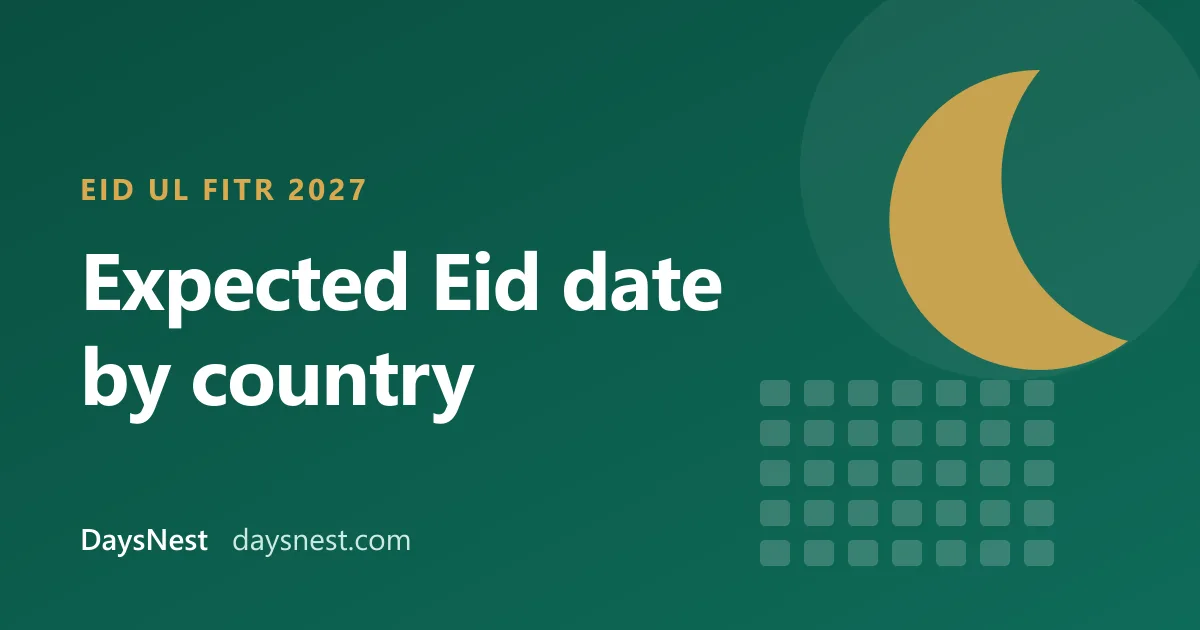 Gold crescent moon on a green background with the words: Eid ul Fitr 2027, expected Eid date by country