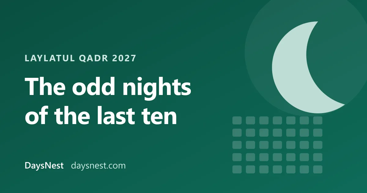 Pale crescent moon over a green background with the words: Laylatul Qadr 2027, the odd nights of the last ten
